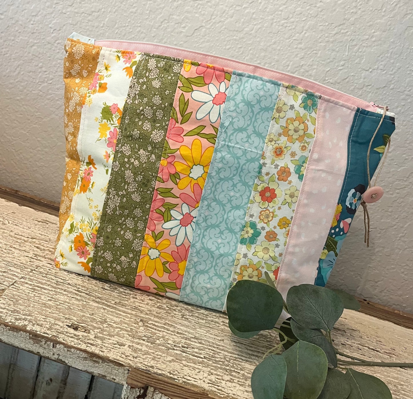 Ready to ship- scrappy cosmetic zipper bag- free shipping- makeup bag-pink-green-