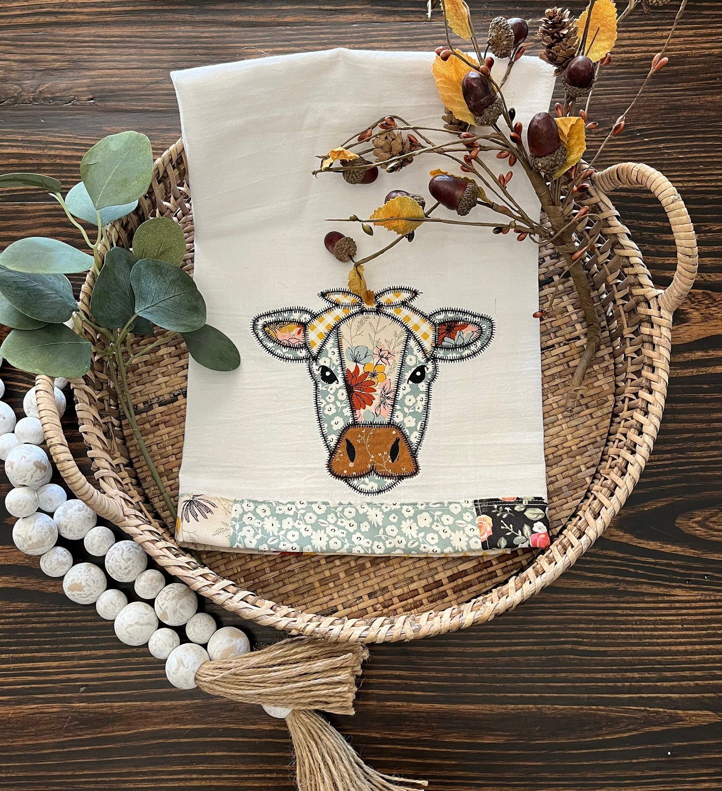 Free shipping-Ready to Ship- Handmade -tea towel-cow-heifer - appliqué-Kitchen decor- farm house decor- hand towel