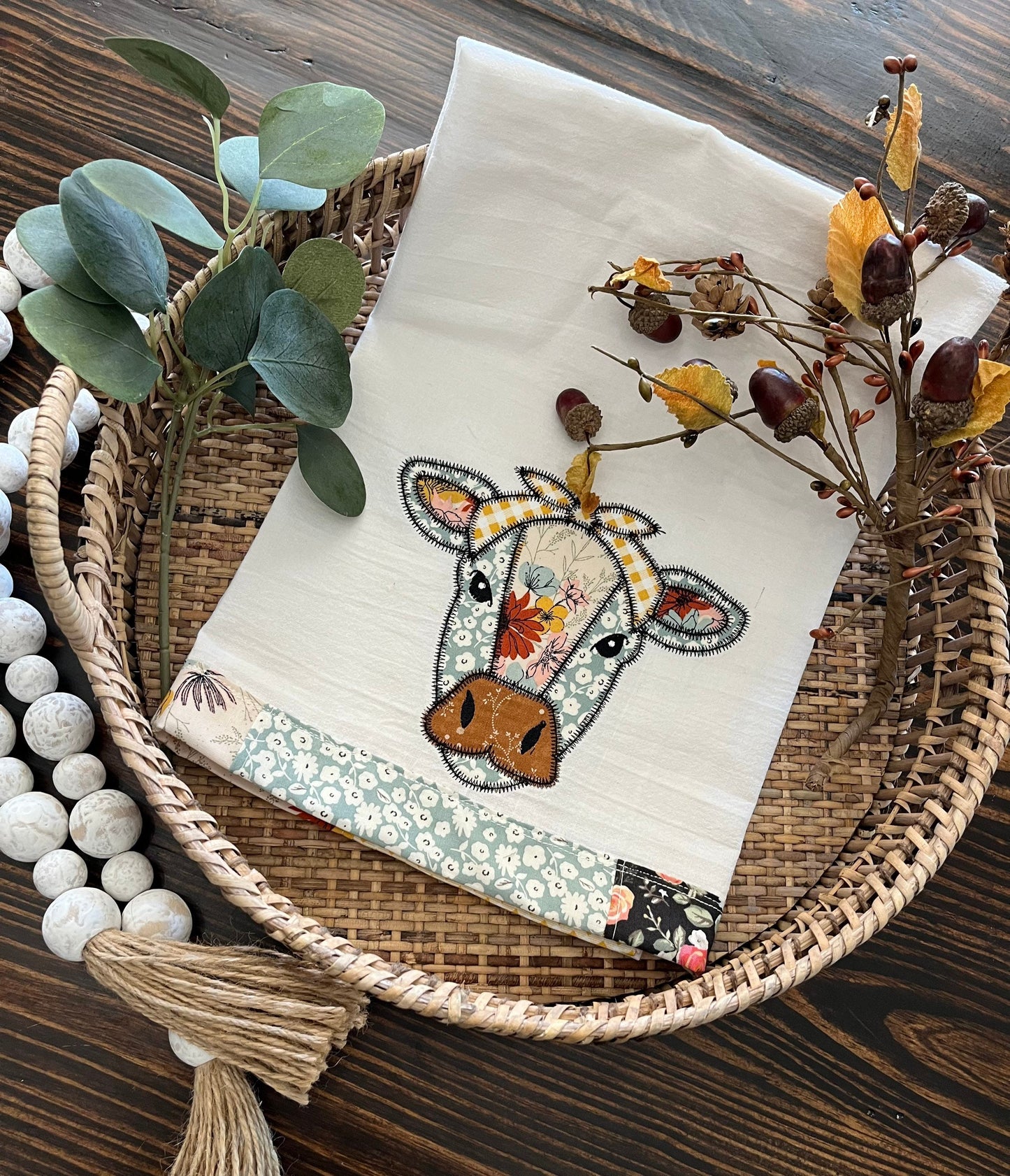 Free shipping-Ready to Ship- Handmade -tea towel-cow-heifer - appliqué-Kitchen decor- farm house decor- hand towel