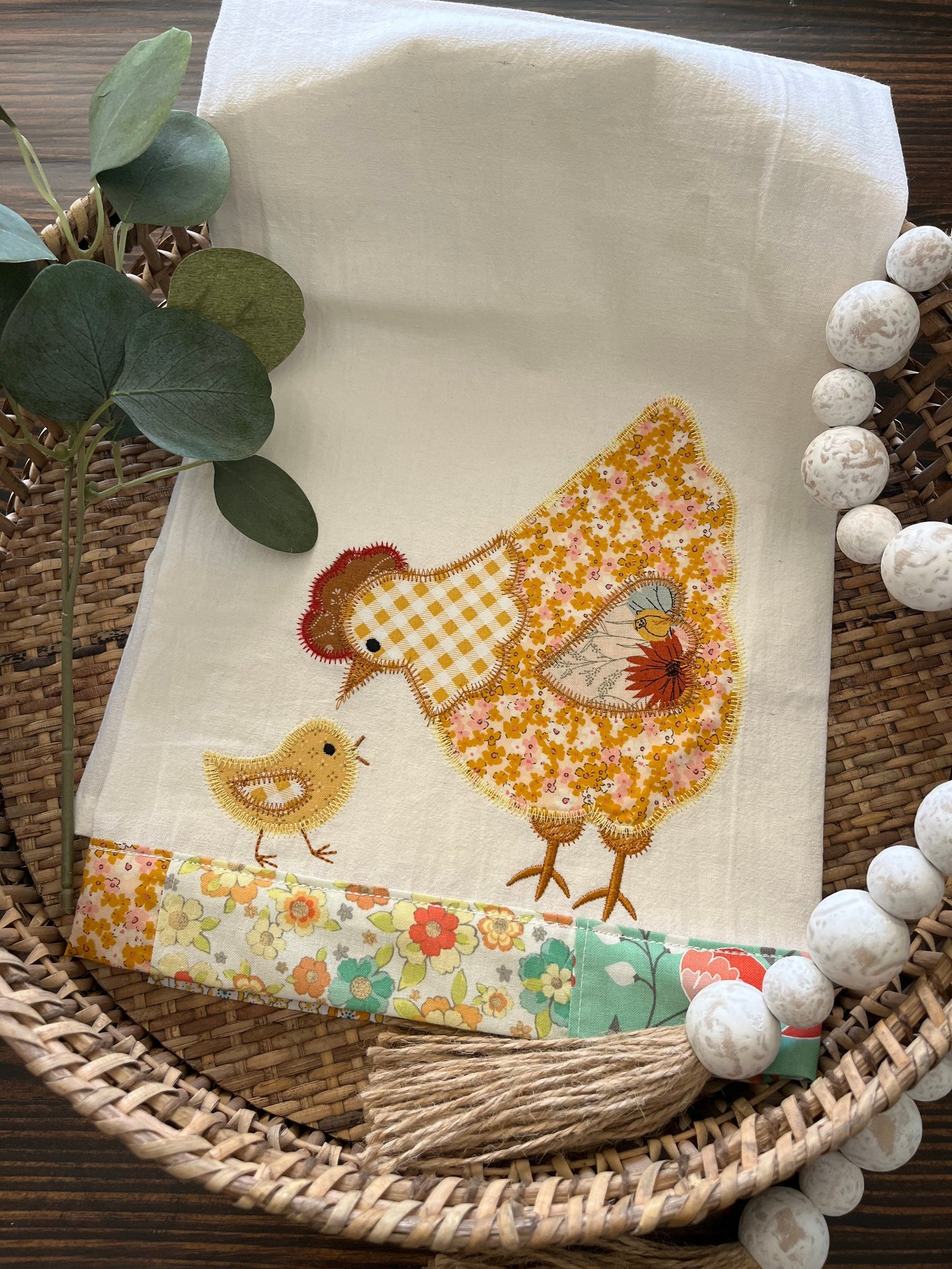 Free shipping-Ready to Ship- Handmade -tea towel-chicken-hen-chick- appliqué-gold-green-orange-Kitchen decor