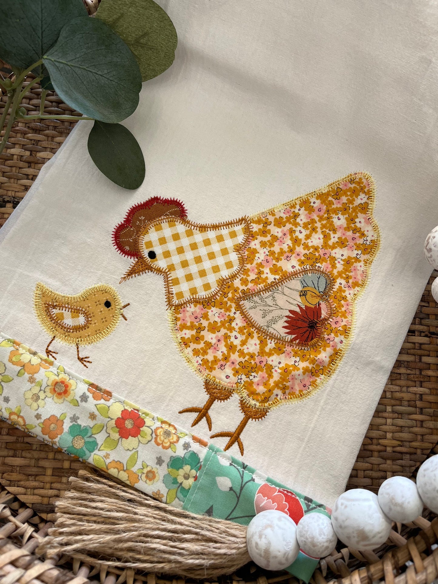 Free shipping-Ready to Ship- Handmade -tea towel-chicken-hen-chick- appliqué-gold-green-orange-Kitchen decor