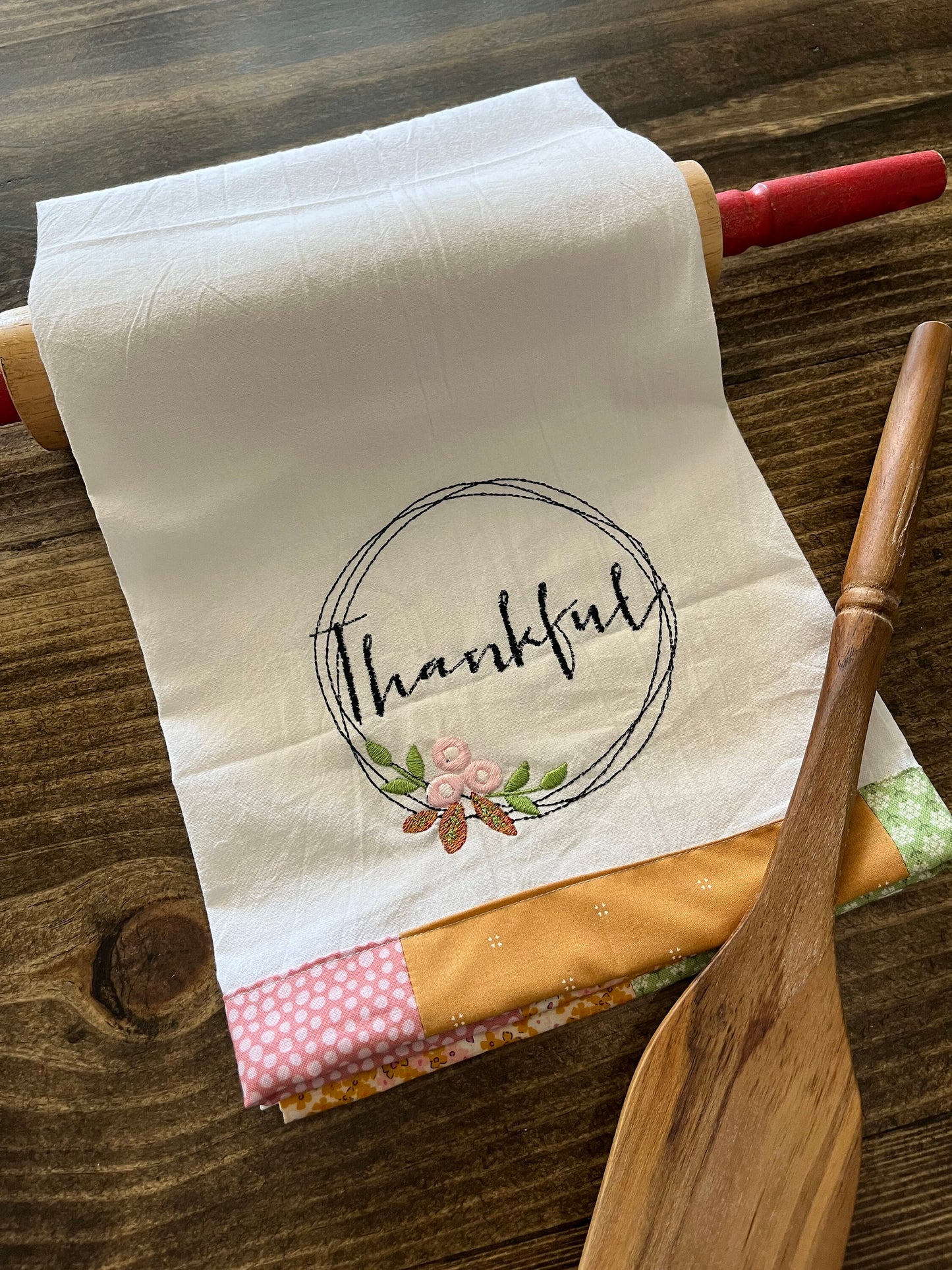 Ready to Ship- Handmade Tea Towel-Thankful-appliqué-Embroidery-farm decor- Thanksgiving-Fall-free shipping